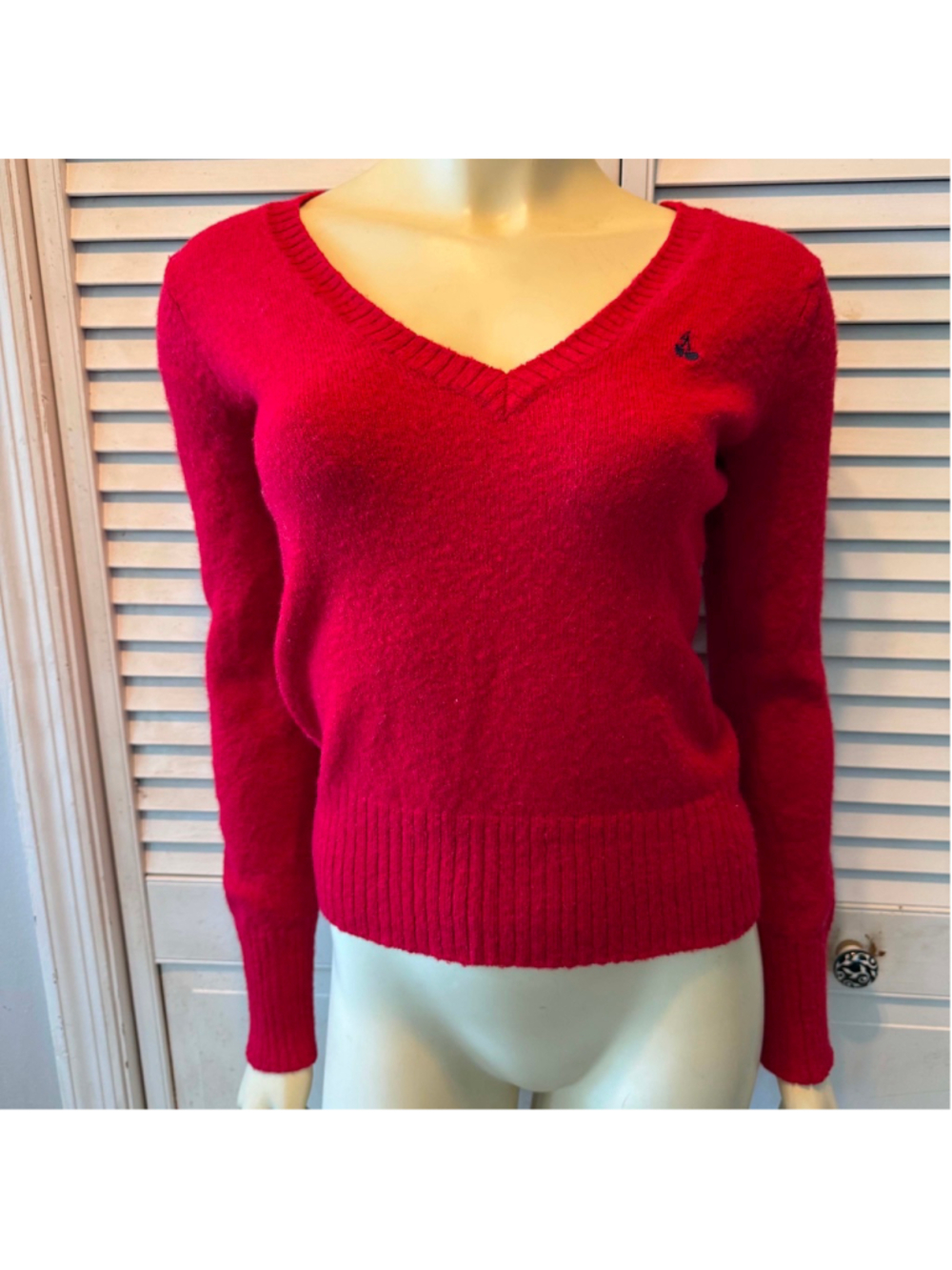 Women's Takeout Red V-Neck Sweater with Blue Logo, Size L